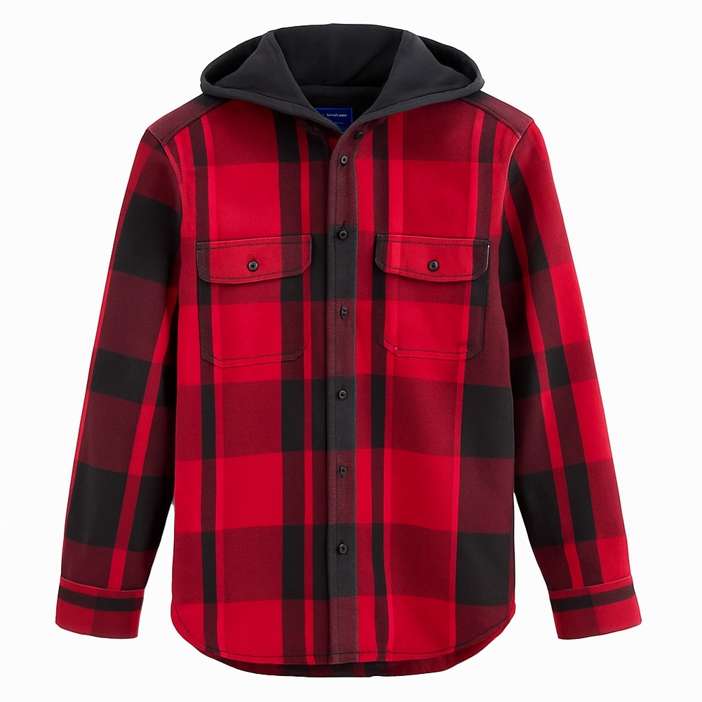Arizona Jean Co Red Plaid Hooded Flannel Shacket Jacket –Size Small snap button